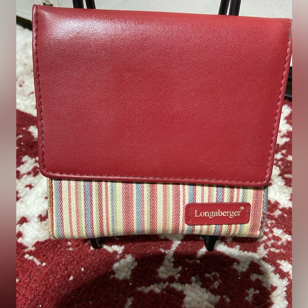 Longaberger Red Faux Leather and Multicolor Striped Fabric Trifold Wallet